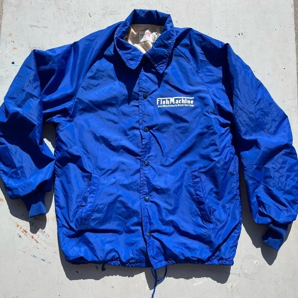 Men's Vintage Fish Machine Windbreaker Blue Logo M Nylon Button Lined USA 80s - Picture 2 of 15